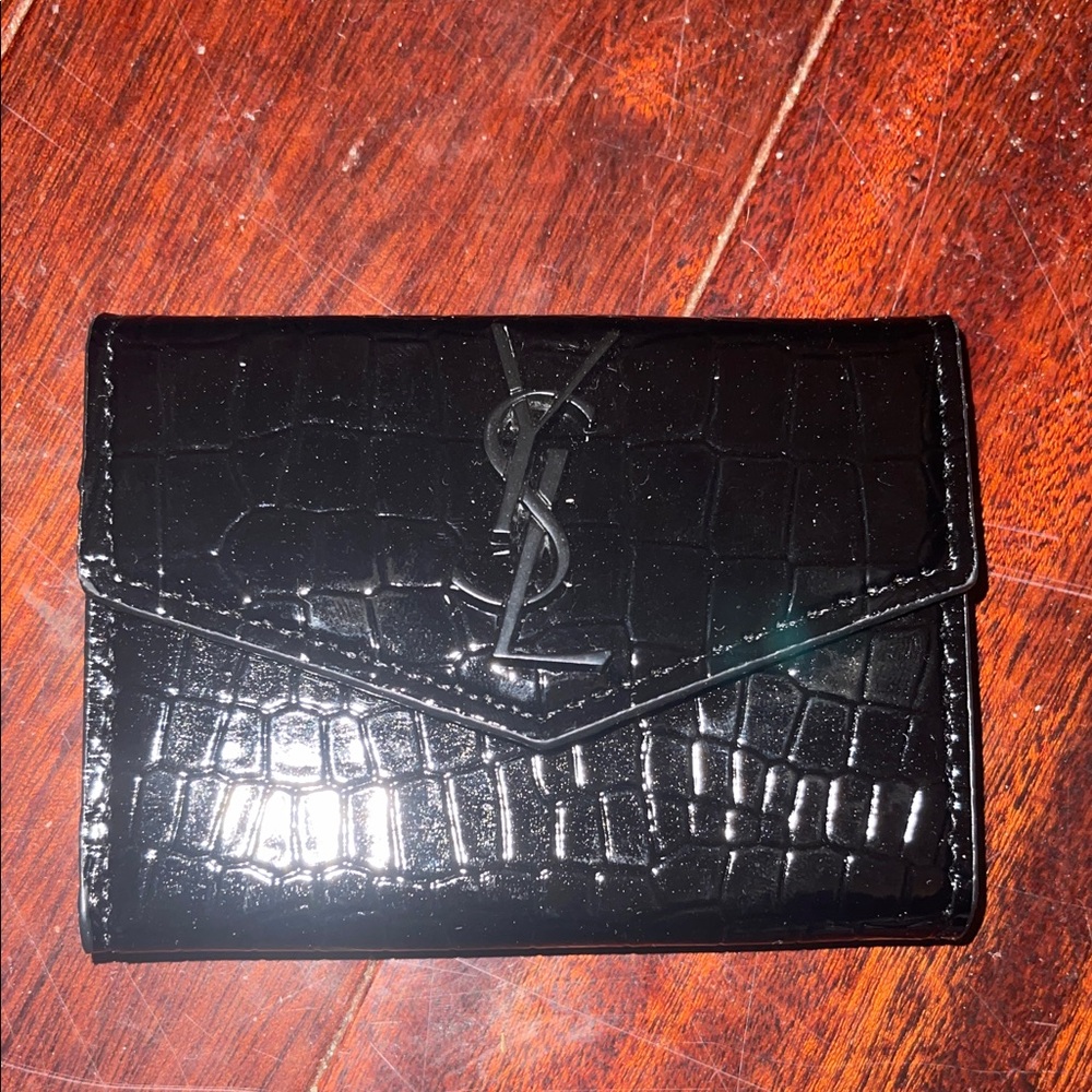 Saint Laurent Black Croc-Embossed Patent Envelope Wallet